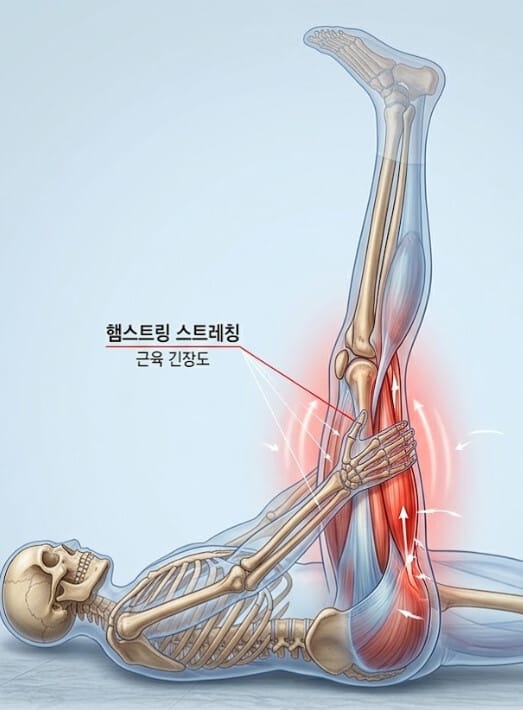 누워서 햄스트링 스트레칭을 하는 이미지